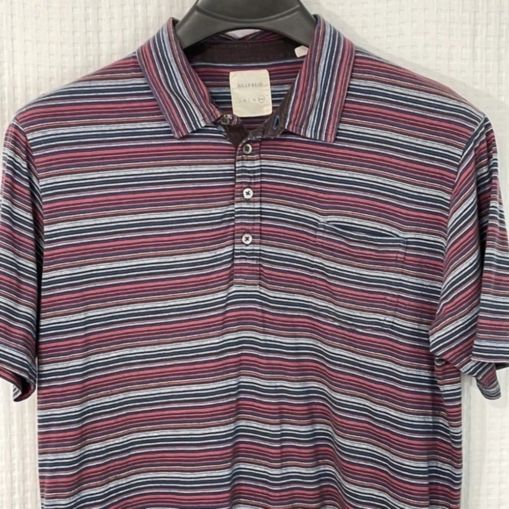 Billy Reid men's XXL red, grey &‎ blue striped short sleeve polo shirt.  EUC